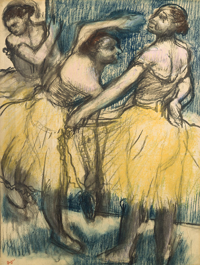 Edgar Degas Drawing - Three dancers in yellow skirts by Edgar Degas