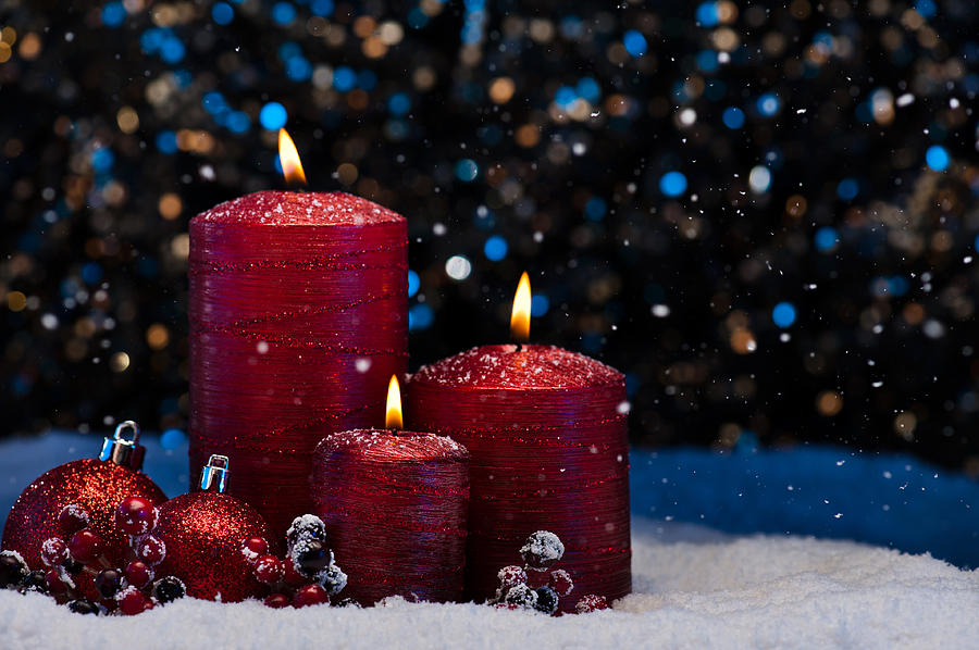 Three Red Candles in snow  #1 Photograph by U Schade