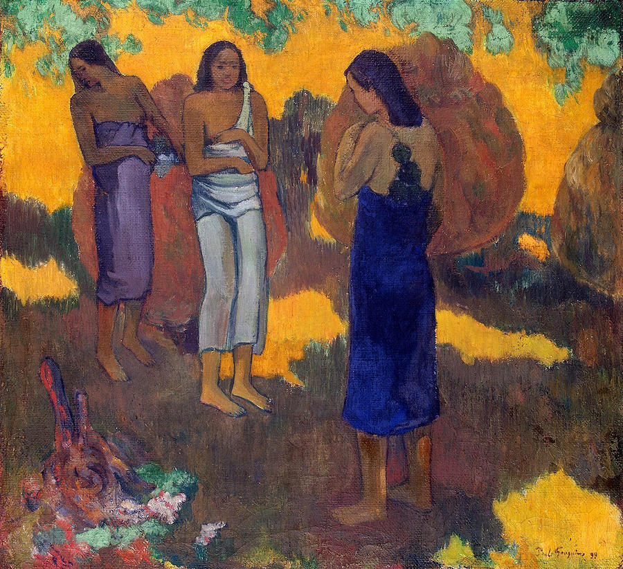 Three Tahitian Women Against a Yellow Background #2 Painting by Paul Gauguin