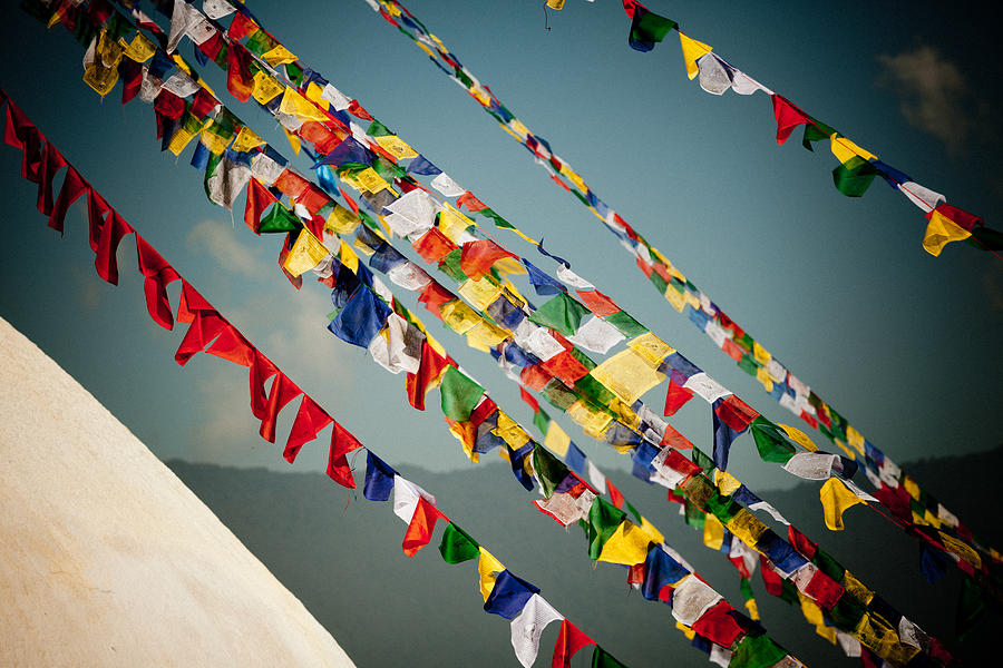 Tibetan Buddhist Prayer Flags stupa Boudnath #1 Photograph by Raimond Klavins