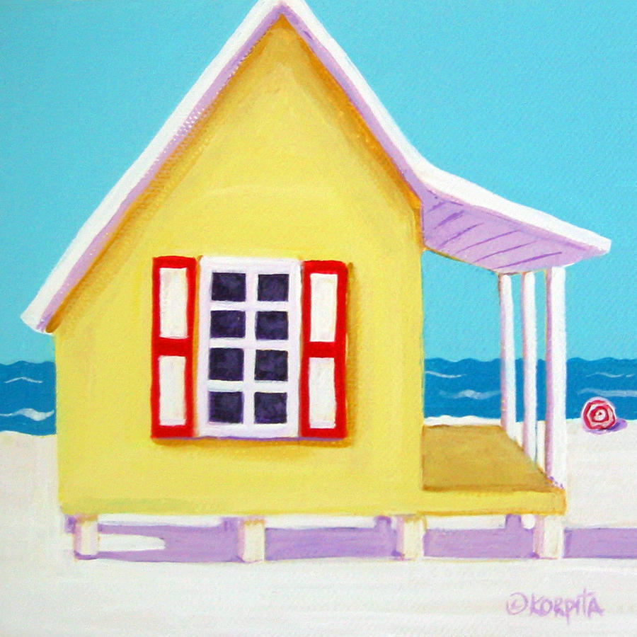 Tiny Yellow Cottage by the Sea Painting by Rebecca Korpita