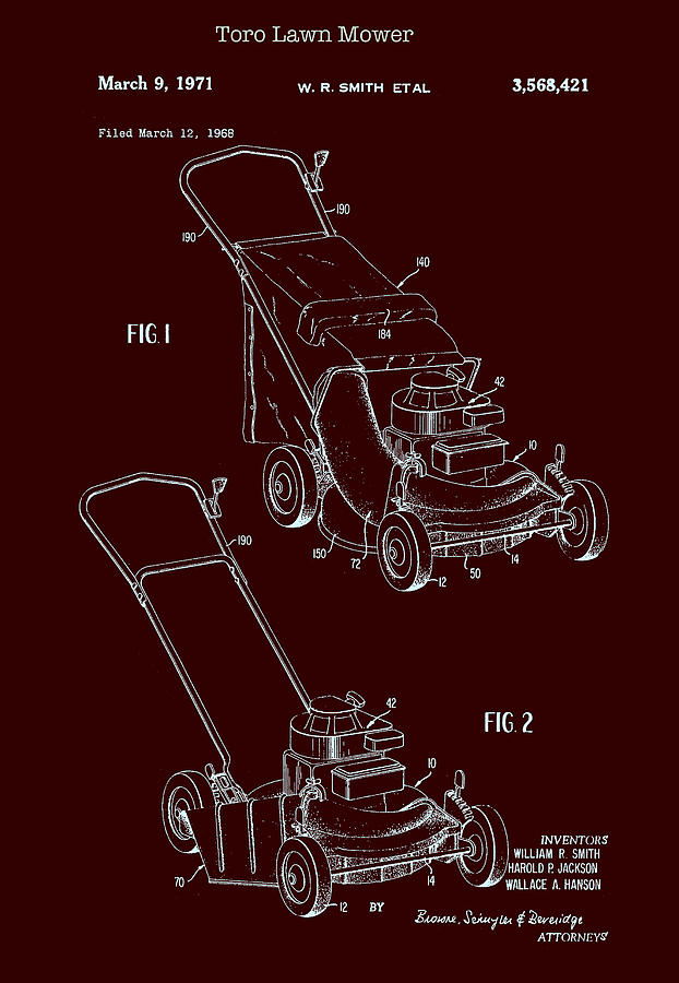 Toro Lawn Mower Patent 1971 #1 Drawing by Mountain Dreams