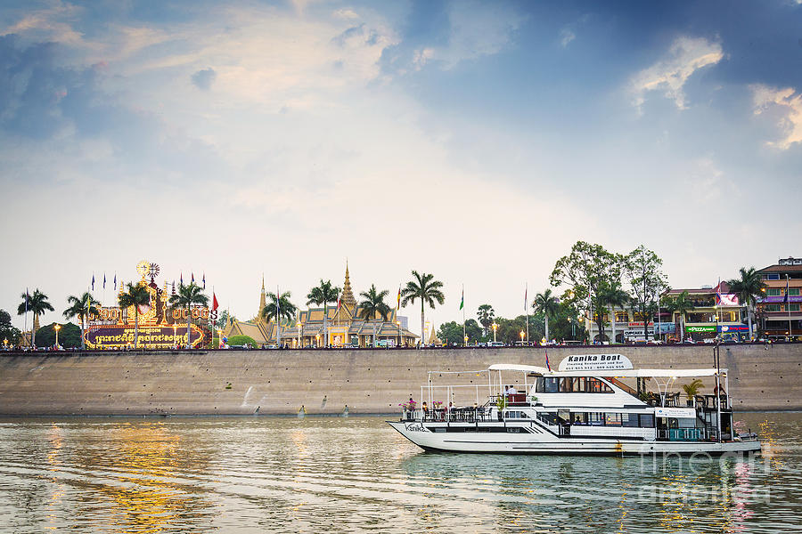Tourist Boat On Sunset Cruise In Phnom Penh Cambodia River #1 Photograph by JM Travel Photography