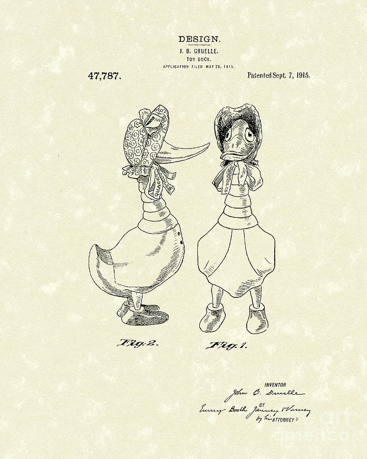 Toy Duck 1915 Patent Art #1 Drawing by Prior Art Design