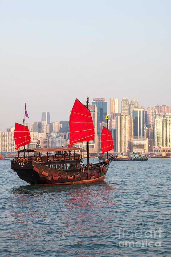 Hong Kong Photograph - Traditional junk boat sailing in Hong Kong harbor #1 by Matteo Colombo
