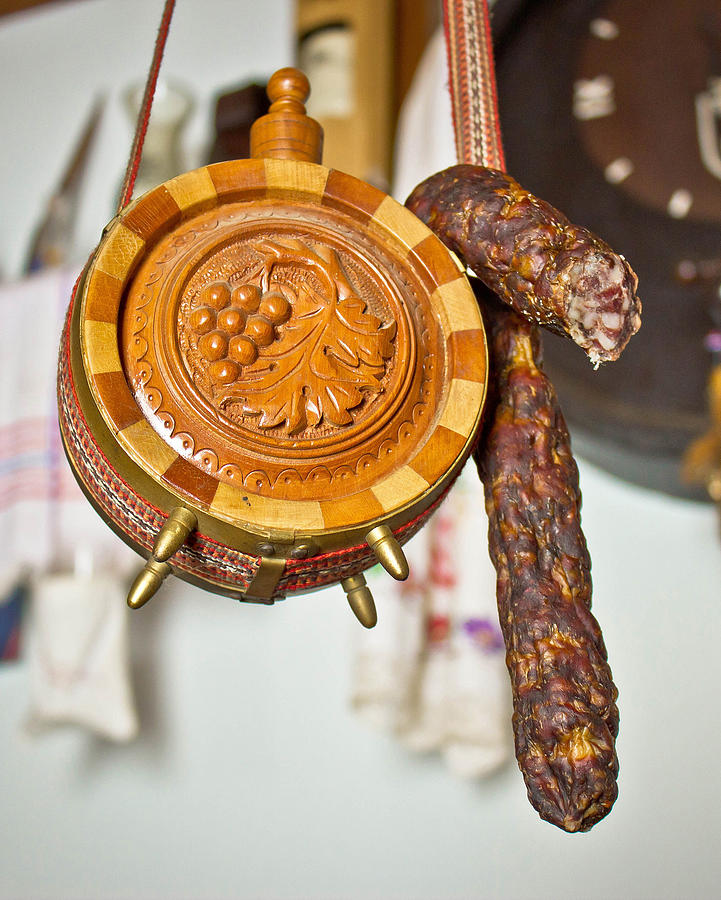 Traditional wooden carved canteen and sausage #1 Photograph by Brch Photography