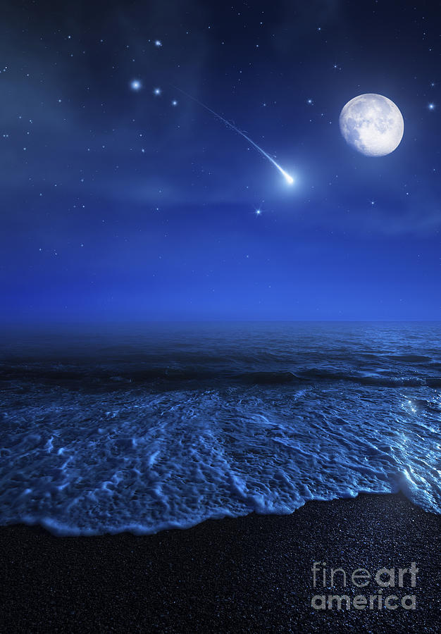 Tranquil Ocean At Night Against Starry Photograph
