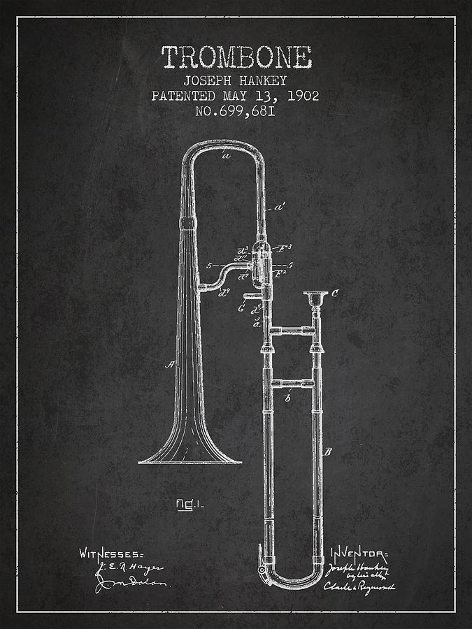 Music Digital Art - Trombone Patent from 1902 - Dark by Aged Pixel