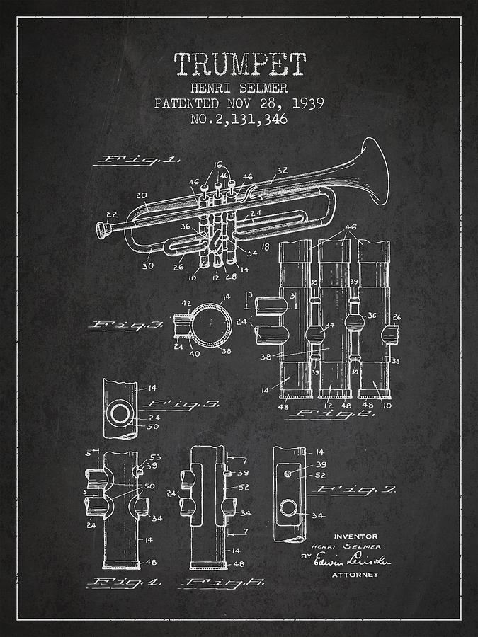 Music Digital Art - Trumpet Patent from 1939 - Dark by Aged Pixel