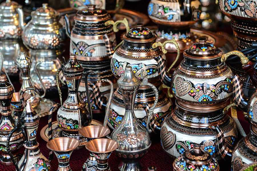 Turkey Photograph - Turkish Teapots for Sale in Istanbul Turkey #1 by Brandon Bourdages