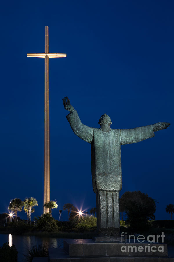 Twilight over Father Francisco Lopez de Mendoza Grajales statue Mission Nombre de Dios St. Augustine #1 Photograph by Dawna Moore Photography