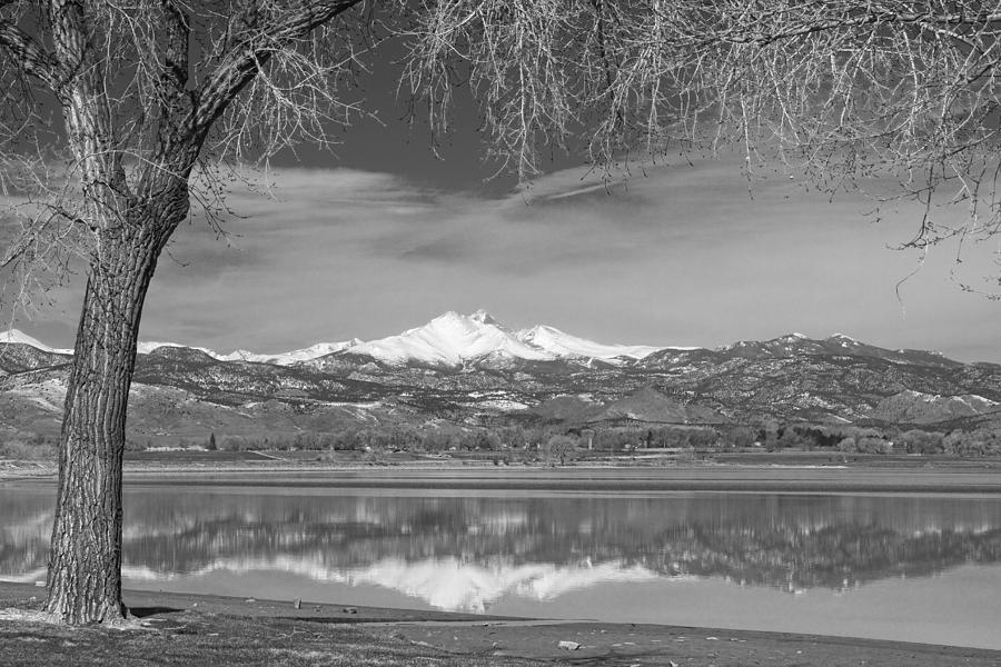 Mountain Photograph - Twin Peaks Longs and Meeker Lake Reflection BW #1 by James BO Insogna