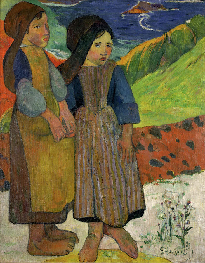 Two Breton Girls by the Sea #4 Painting by Paul Gauguin