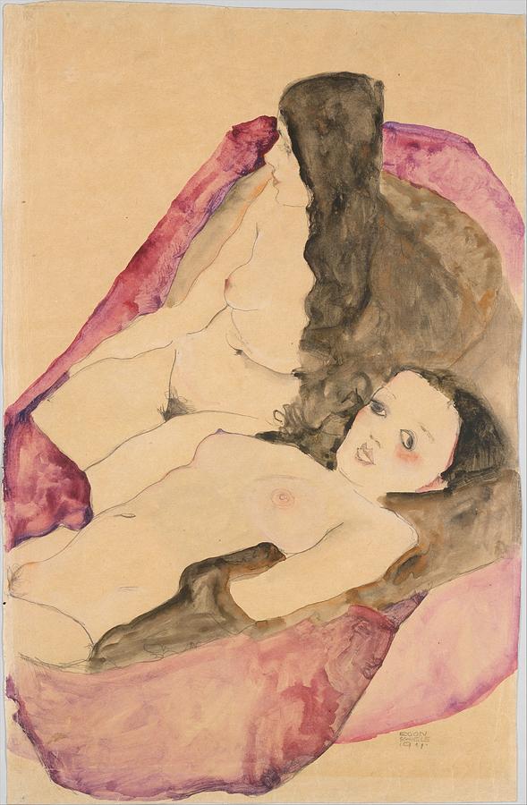 Egon Schiele Drawing - Two Reclining Nudes #1 by Egon Schiele