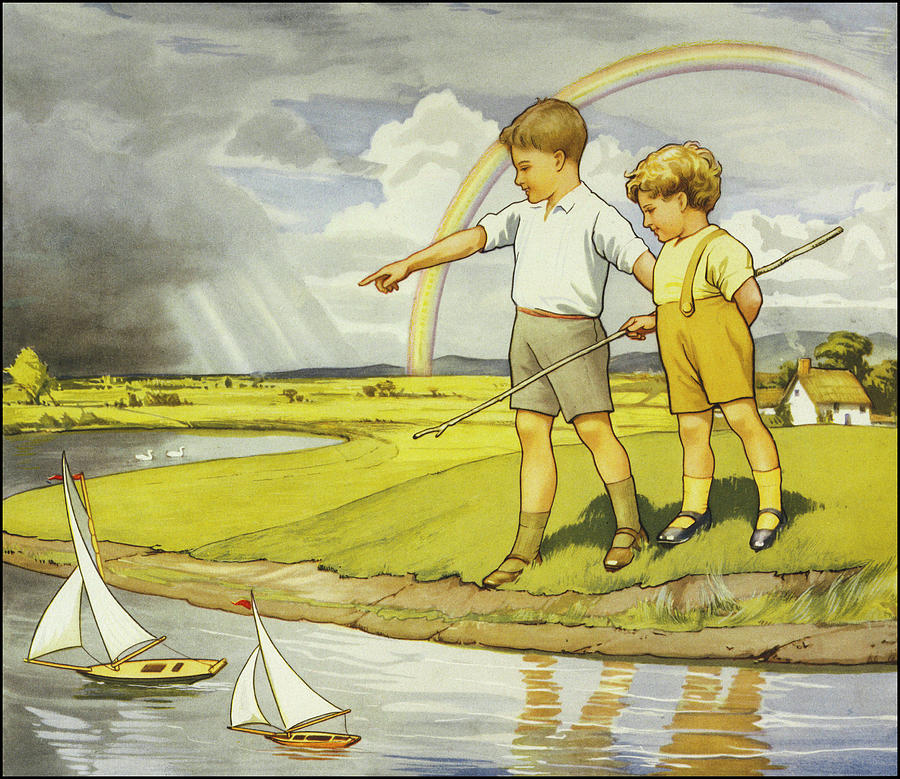 Boat Drawing - Two Small Boys Race Their Toy  Yachts #1 by Mary Evans Picture Library
