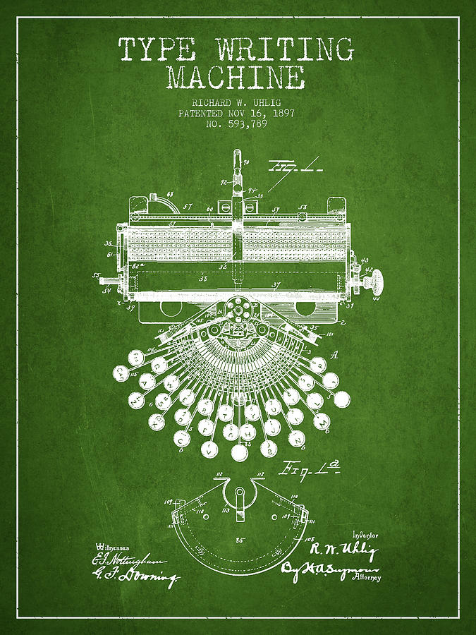 Typewriter Digital Art - Type Writing Machine Patent Drawing From 1897 - Green by Aged Pixel