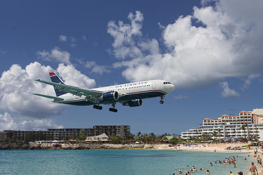 U S Airways landing at St. Maarten #1 Photograph by David Gleeson
