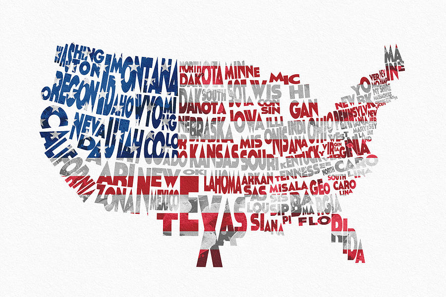 City Digital Art - United States Typographic Map Flag #1 by Inspirowl Design
