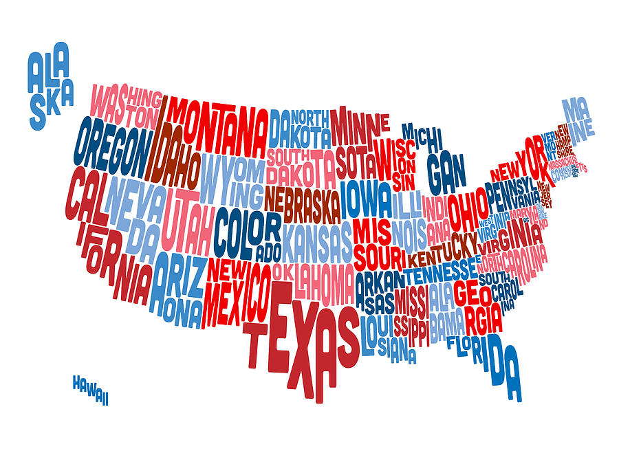 Usa Map Digital Art - United States Typography Text Map #1 by Michael Tompsett