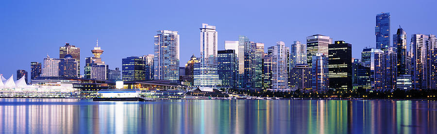 Architecture Photograph - Vancouver Skyline At Night, British #1 by Panoramic Images
