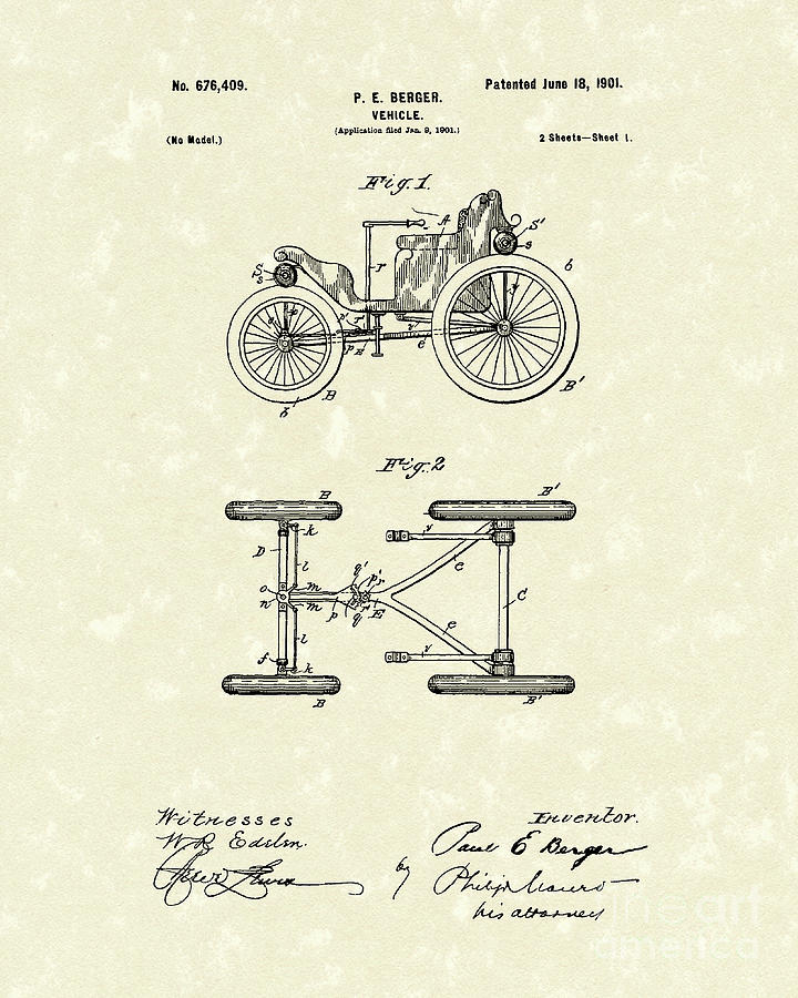 Vehicle 1901 Patent Art #1 Drawing by Prior Art Design