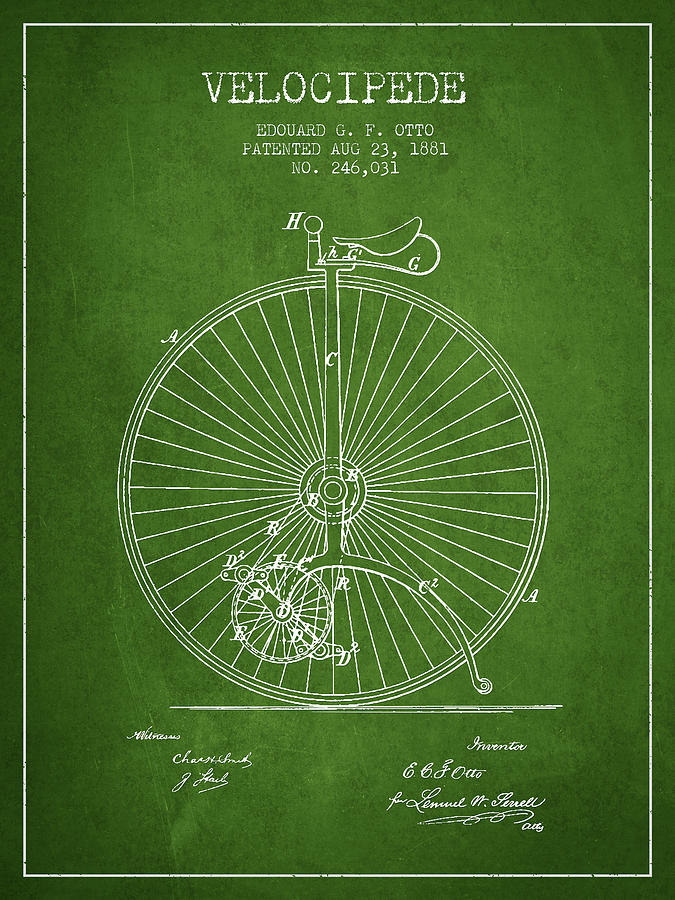 Velocipede Patent Drawing From 1881 - Green Digital Art
