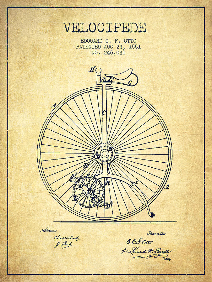 Vintage Digital Art - Velocipede Patent Drawing from 1881 - Vintage #1 by Aged Pixel