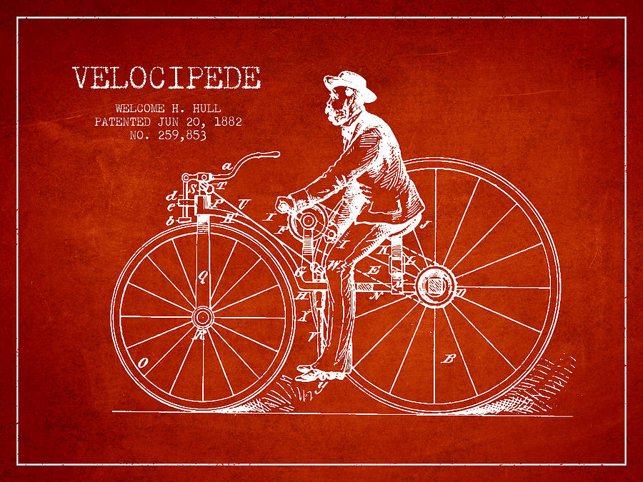 Velocipede Patent Drawing From 1882- Red Digital Art