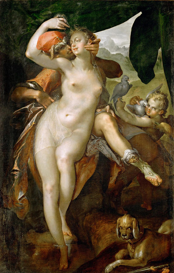 Venus and Adonis #1 Painting by Bartholomeus Spranger
