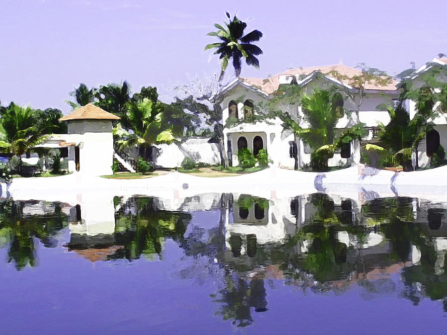 View of the cottages and lagoon water in Alleppey #1 Digital Art by Ashish Agarwal