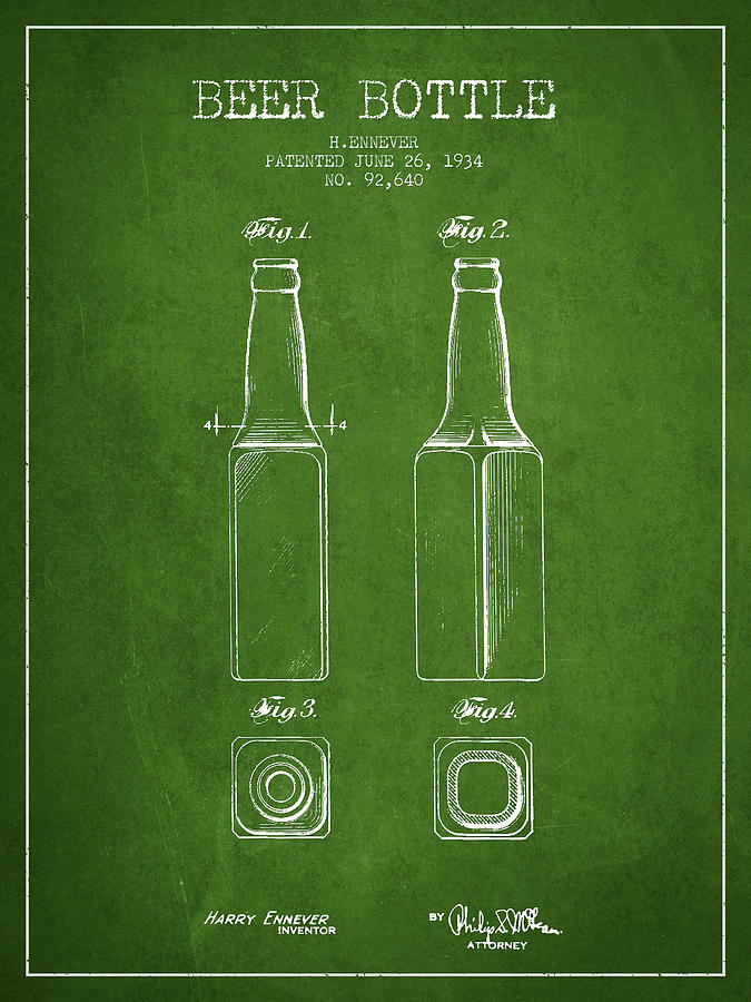 Vintage Beer Bottle Patent Drawing From 1934 - Green Digital Art