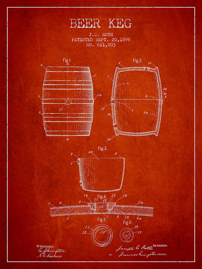 Beer Digital Art - Vintage Beer Keg Patent Drawing from 1898 - Red by Aged Pixel