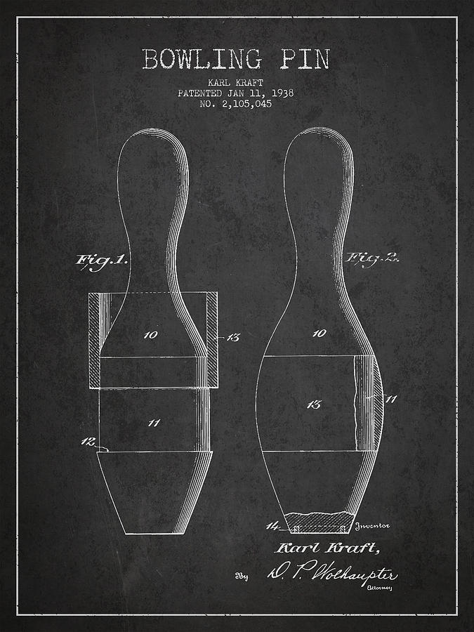 Vintage Drawing - Vintage Bowling Pin Patent Drawing from 1938 #2 by Aged Pixel