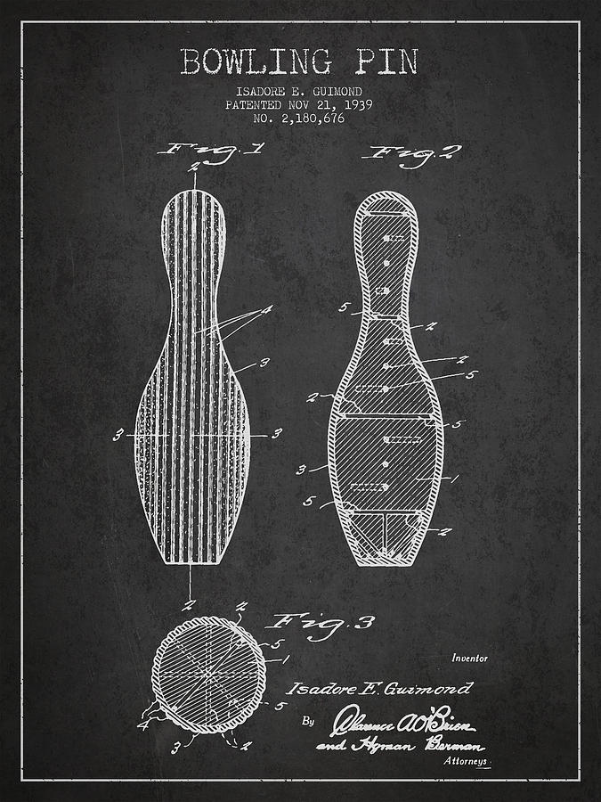 Vintage Drawing - Vintage Bowling Pin Patent Drawing from 1939 #2 by Aged Pixel