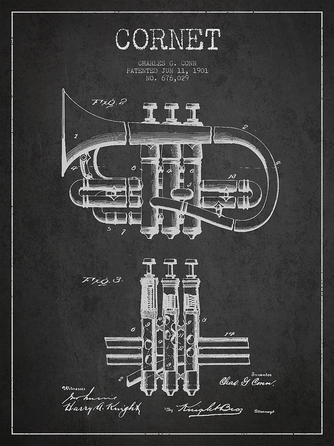 Cornet Patent Drawing From 1901 - Dark Digital Art