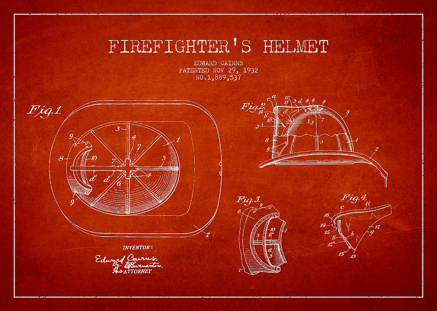Firefighter Digital Art - Vintage Firefighter Helmet Patent drawing from 1932 by Aged Pixel