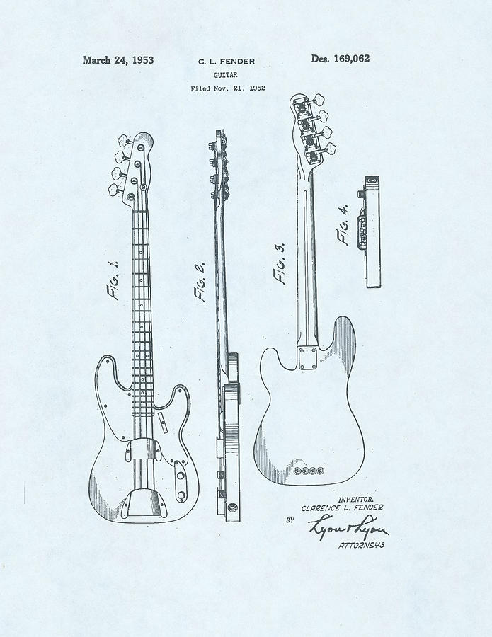 Guitar Patent Drawing on blue background #9 Drawing by Steve Kearns