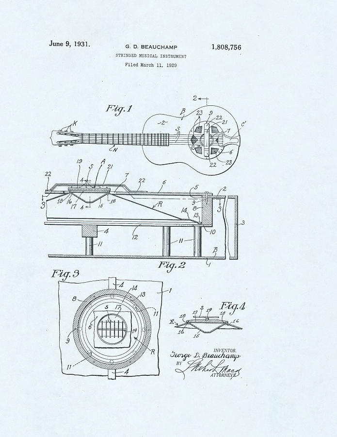 Guitar Patent drawing on a blue background #17 Drawing by Steve Kearns