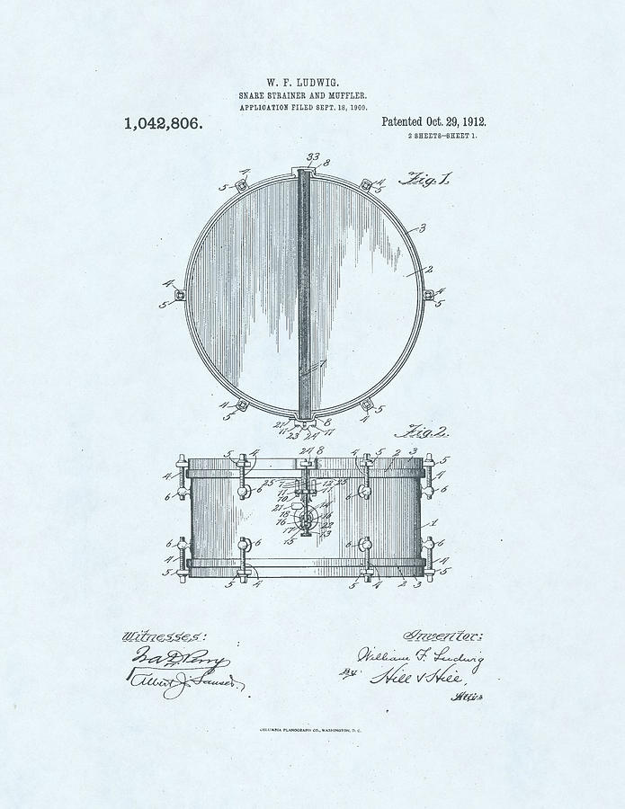 Snare Drum Patent Drawing on Blue Background #2 Drawing by Steve Kearns
