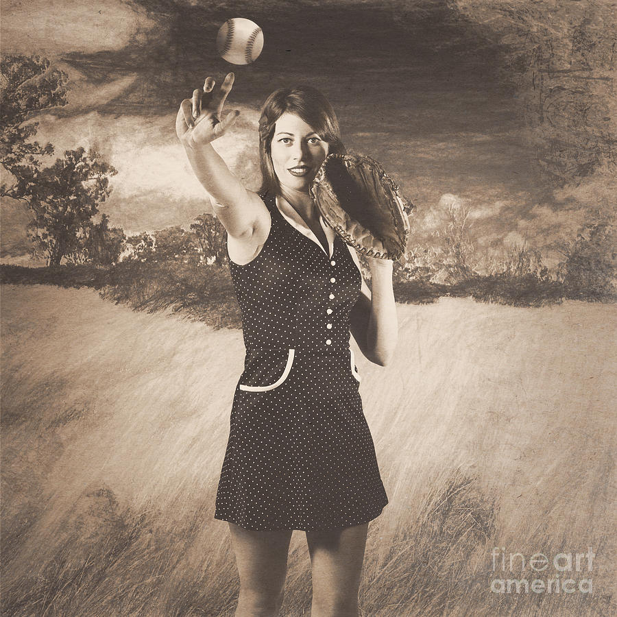 Vintage pin up girl pitching baseball #1 Photograph by Jorgo Photography