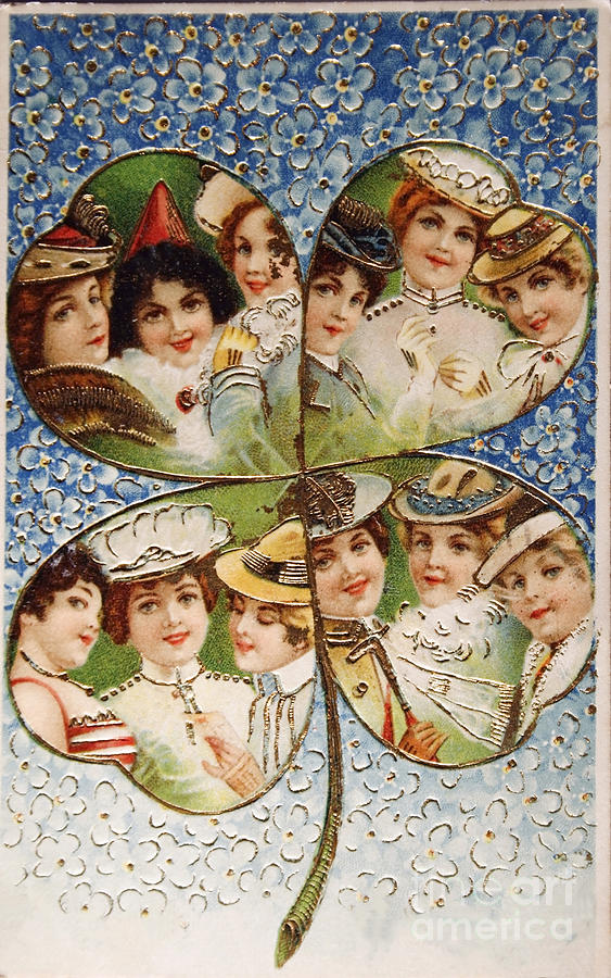 Vintage postcard of 1905 with a lucky clover filled with beautiful girls Photograph by Patricia Hofmeester