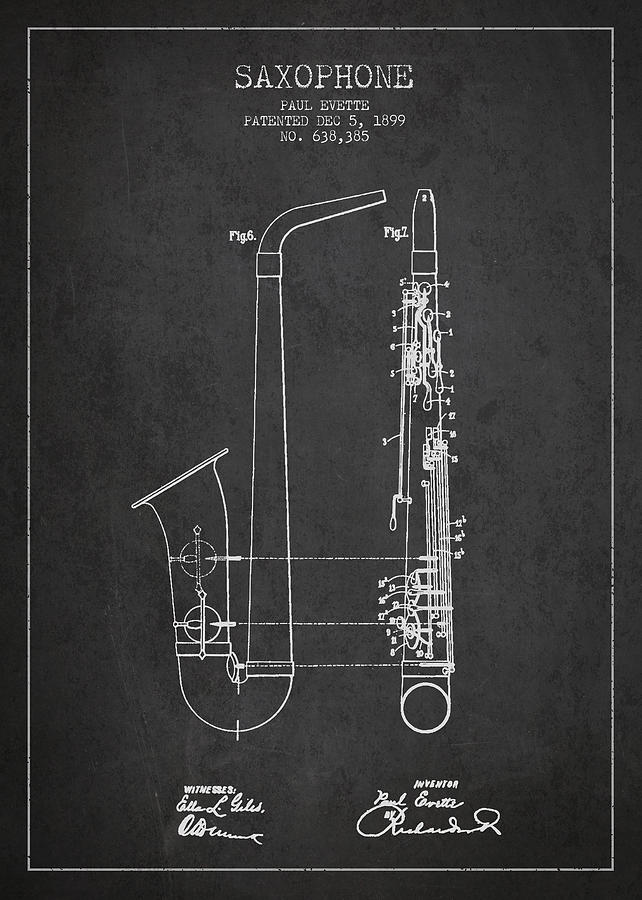 Saxophone Patent Drawing From 1899 - Dark Digital Art