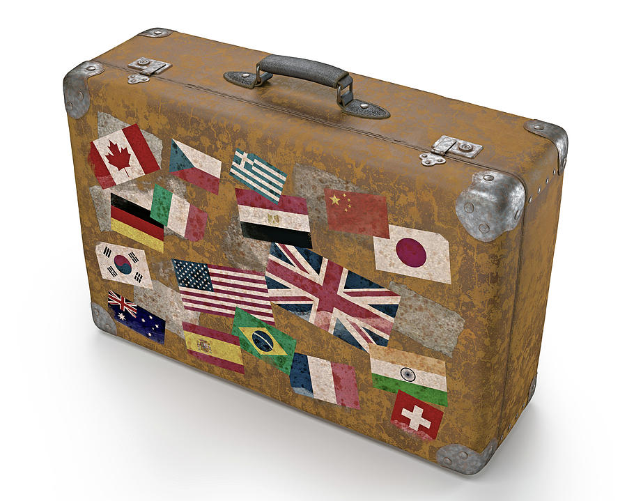 Retro Suticase. Vintage Suitcase With Retro Travel Stickers On A