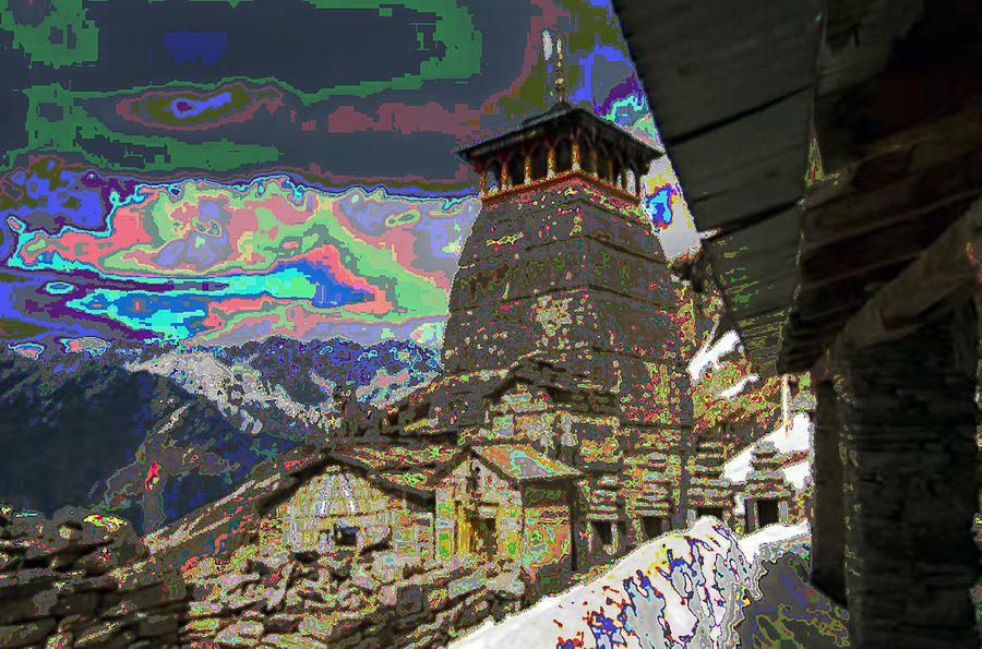 Vintage Temple At The Origin Of Ganga On Of Of The Top Peaks Of Himalaya Mountain Ranges In India Mixed Media