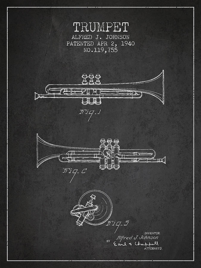 Vintage Trumpet Patent From 1940 - Dark Digital Art