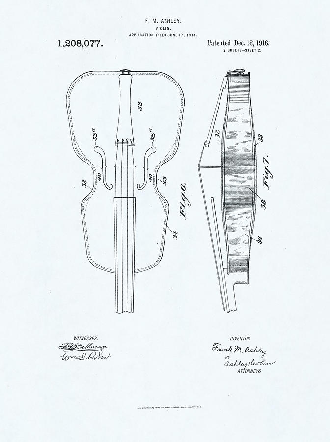 Violin Patent drawing on blue background #4 Drawing by Steve Kearns