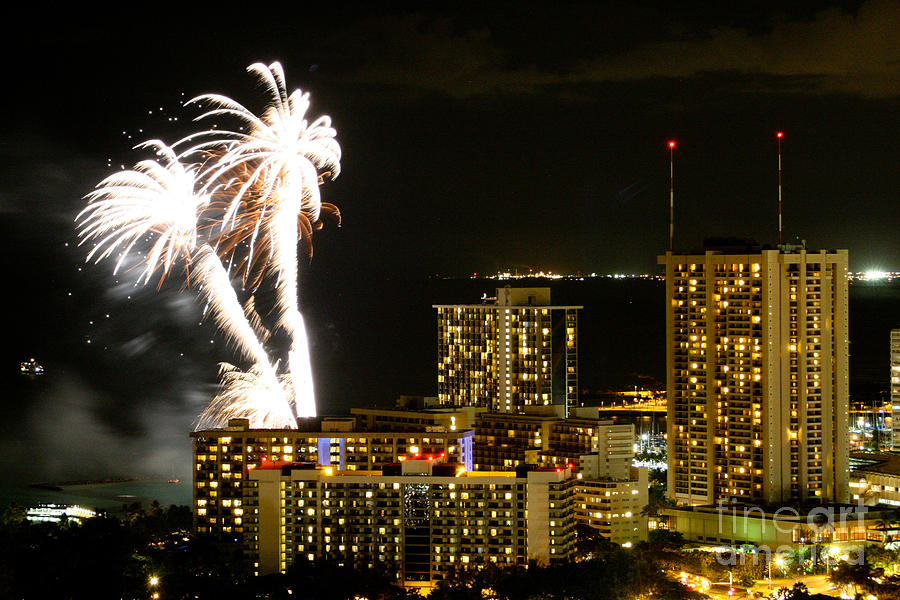 Honolulu Photograph - Waikiki Fireworks #1 by Laarni Montano