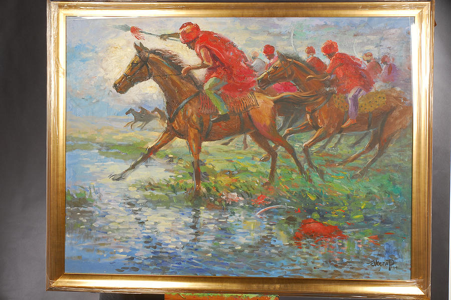 Horse Painting - Warriors In Return. Framed #1 by Prosper Akeni