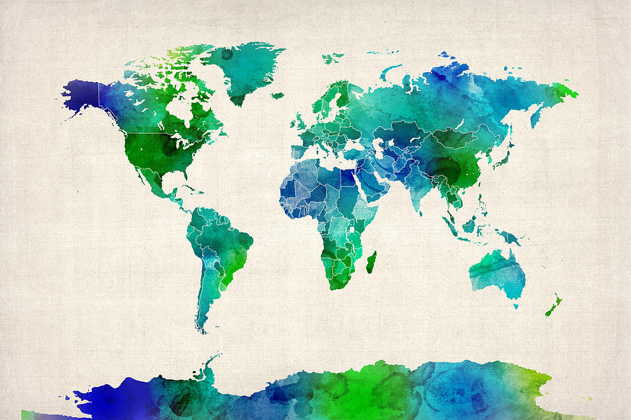 Watercolor Map of the World Map #1 Digital Art by Michael Tompsett