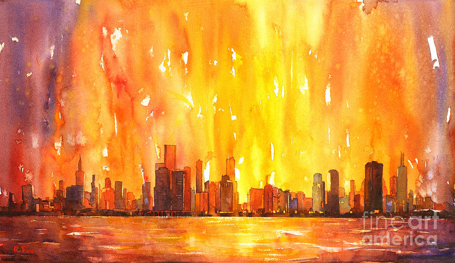 Watercolor painting of skycrapers of downtown Chicago as viewed  #2 Painting by Ryan Fox